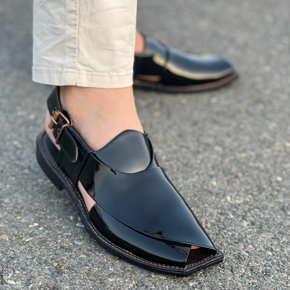 Hand Stitched Patent Black Kheri