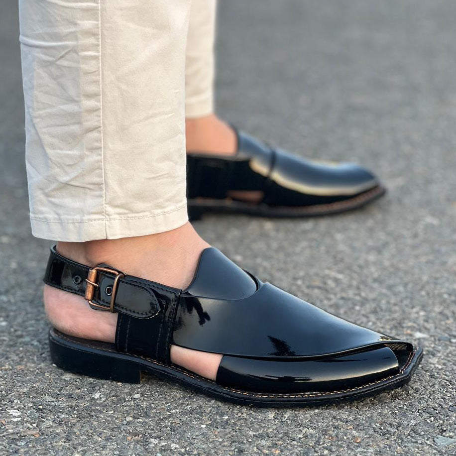 Hand Stitched Patent Black Kheri