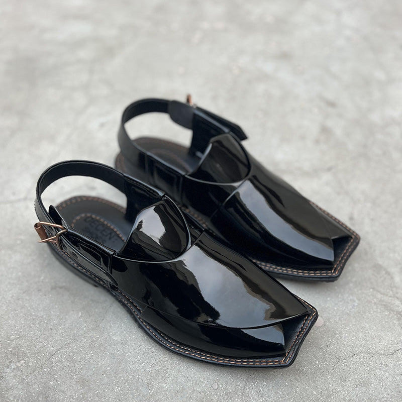 Hand Stitched Patent Black Kheri